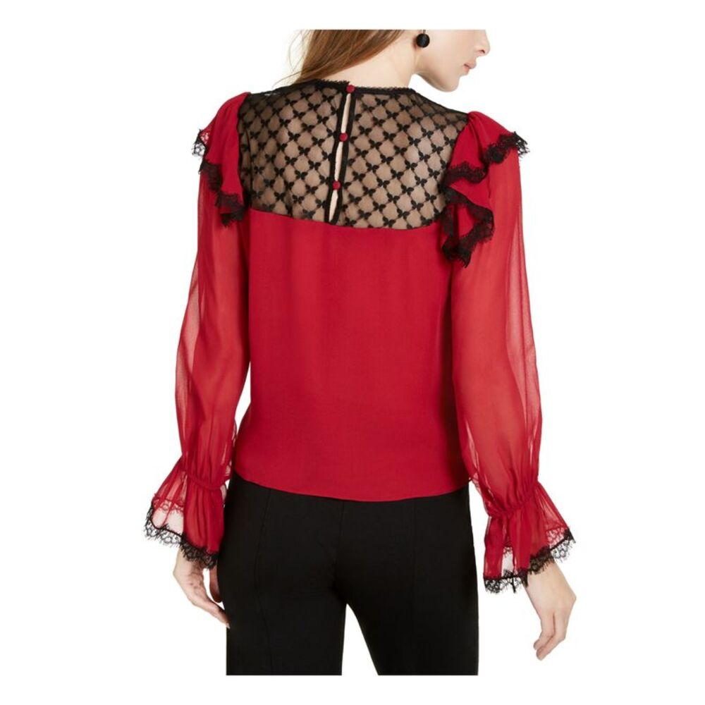 NANETTE LEPORE Womens Red Bell Sleeve Illusion Neckline Blouse XS - Picture 2 of 3